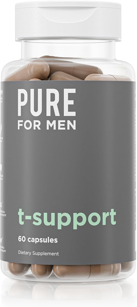 Pure for Men T-Support Supplement | Vegetarian Total Support for Men with Maca, Vitamin D, & Ashwagandha, Muscle Health | Endurance, Strength, Focus, & Energy Support | 60 Capsules