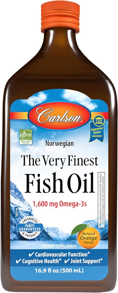 Carlson - The Very Finest Fish Oil, 1600 mg Omega-3s, Liquid Fish Oil Supplement, Norwegian Fish Oil, Wild-Caught, Sustainably Sourced Fish Oil Liquid, Orange, 16.9 Fl Oz