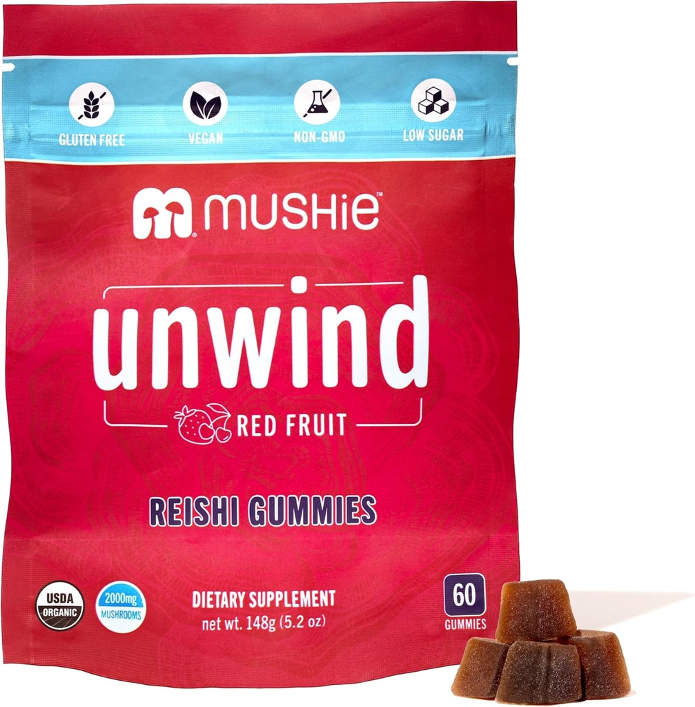 Mushie 100% Organic Reishi Mushroom Gummies - 2000mg Reishi Nootropic for Relaxation, Sleep, Cardiovascular Health & Immune Support with Vitamin D - Vegan, Gluten-Free - 60 Count
