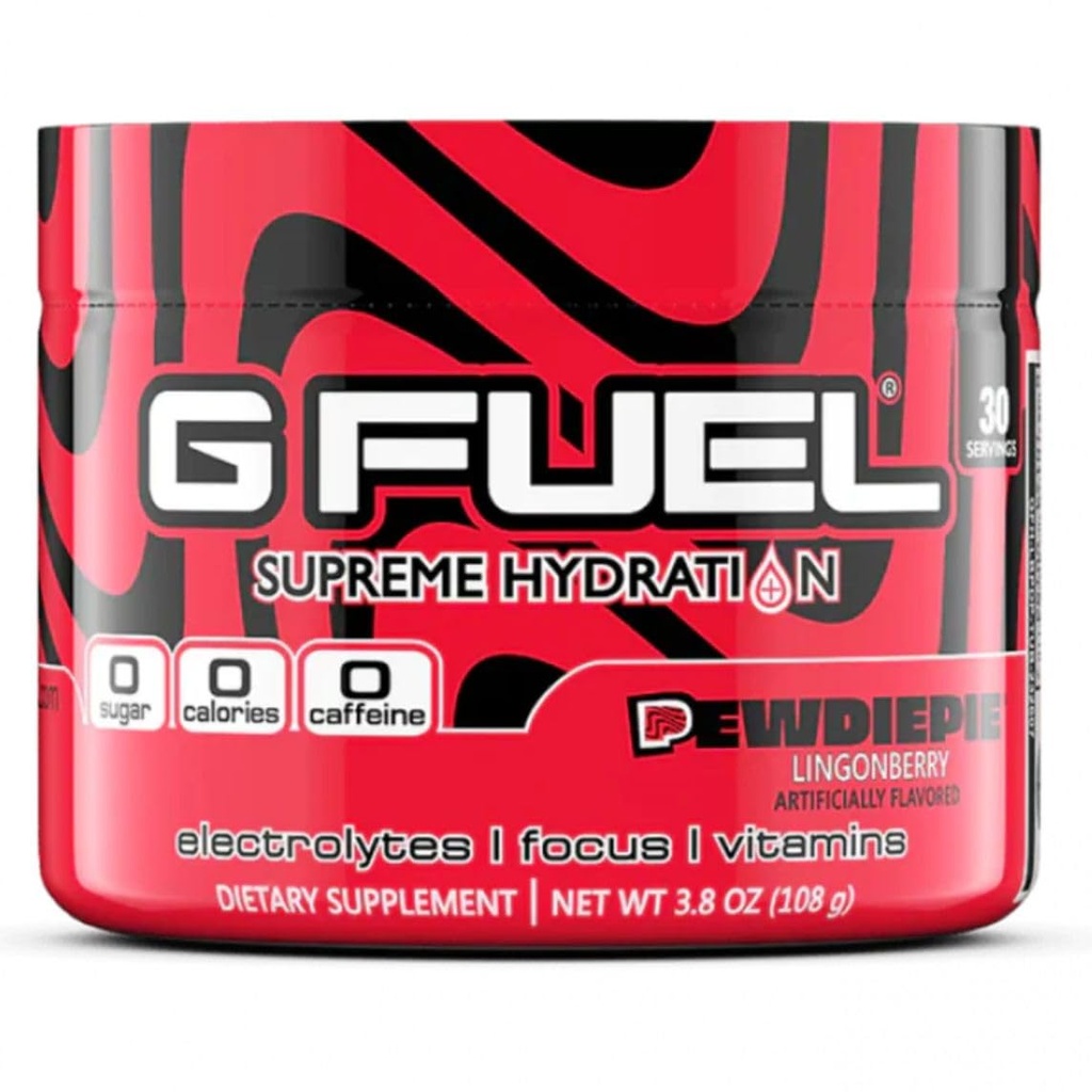 G Fuel Pewdiepie Supreme Hydration, Electrolyte Powder Mix for Energy & Focus, Sugar and Caffeine Free Supplement with Essential Vitamins & Minerals, Lingonberry Fruit Flavor, 3.3 oz - 30 Servings