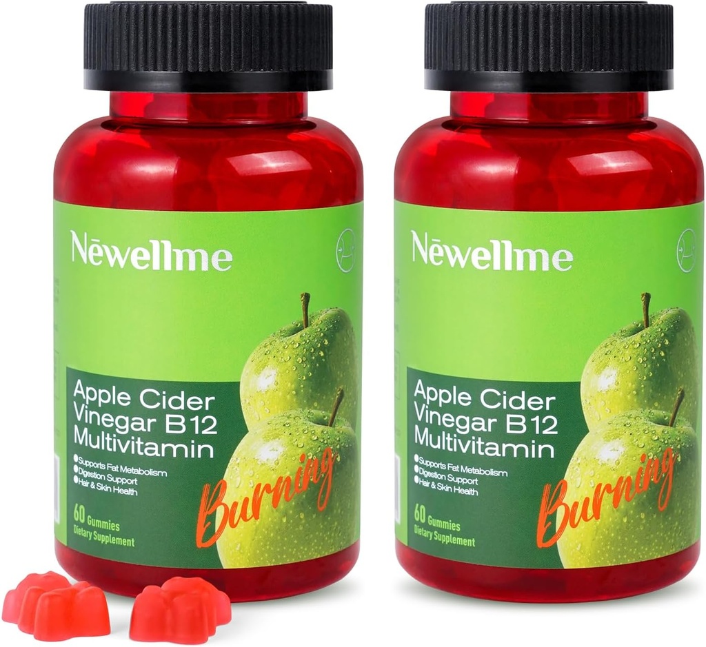 NEWELLME Sugar-Free Apple Cider Vinegar Gummies B12 Multivitamin,ACV Supplement Gummy Vitamins,Vegetarian Supplement for Women & Men,Non GMO,Support Normal Energy Levels & Gut Health 120 Gummies (120)