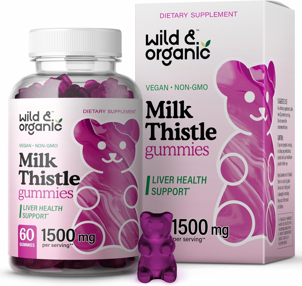 Wild & Organic Milk Thistle Gummies 1500mg - Herbal Supplement for Liver Cleanse Detox - Silymarin Milk Thistle Liver Detox Gummies - 60 Vegan, Non-GMO Chews