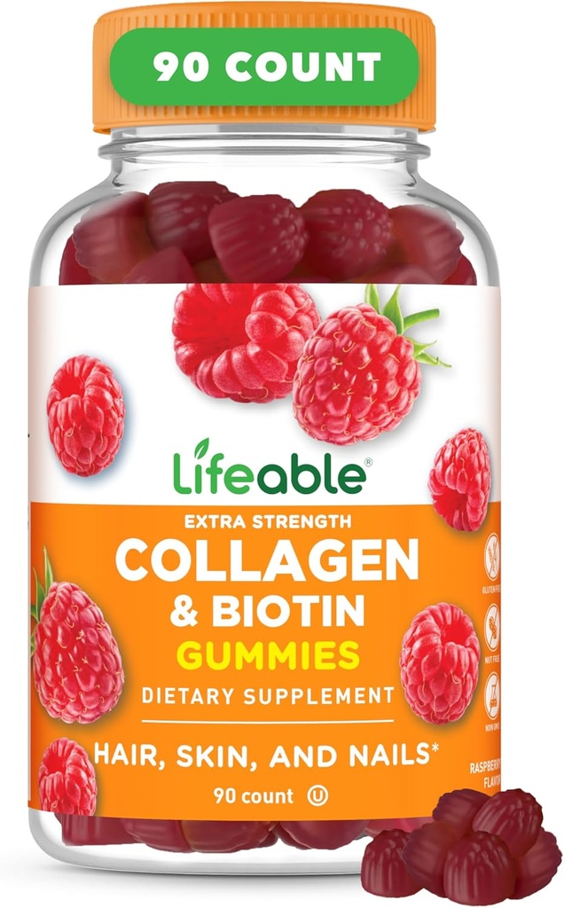Lifeable Collagen Peptides Gummies 100mg | with 10000mcg Biotin | Great Tasting Biotin and Collagen Supplements | for Hair, Skin, and Nails | Collagen Gummies for Women, Men, Adults | 90 Gummies