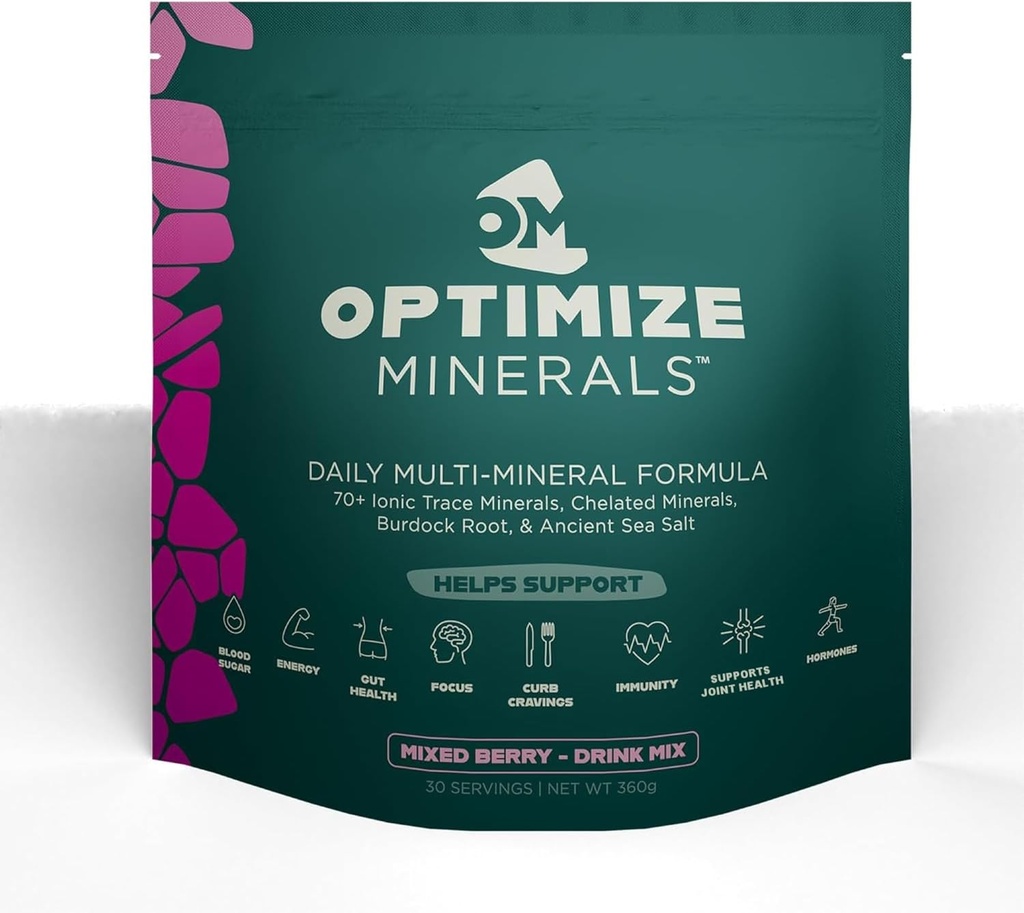 Optimize Minerals Multi Mineral Daily Formula – Magnesium, Electrolytes & Trace Mineral Supplement Powder - Gluten Free Vitamins Drink - Mixed Berry, 30 Servings
