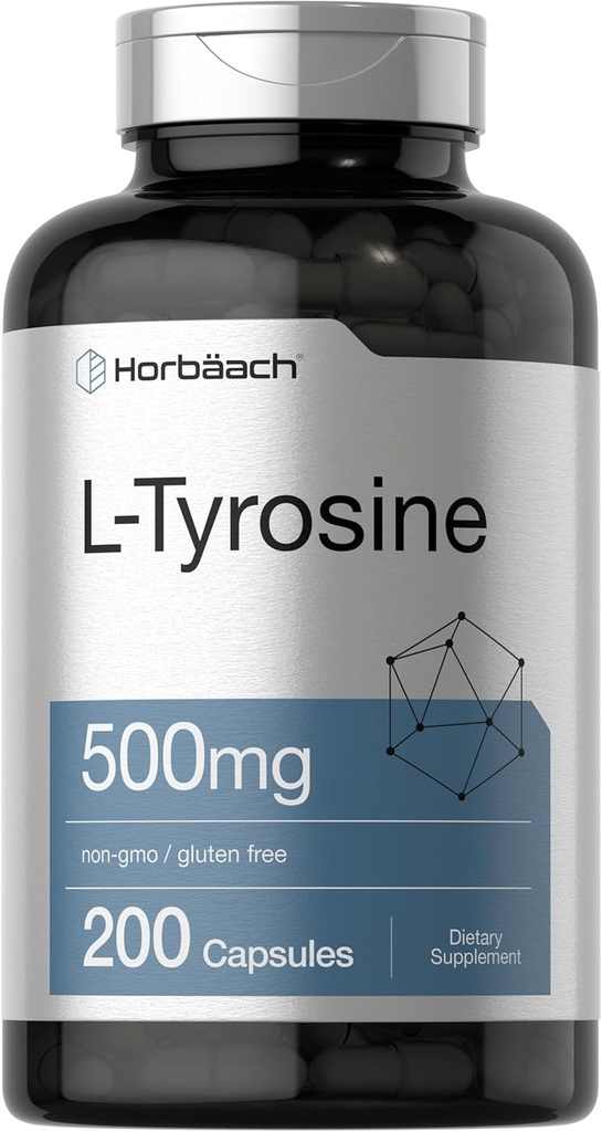 Horbäach L Tyrosine Supplement | 500mg | 200 Capsules | Free Form | Non GMO, Gluten Free Supplement