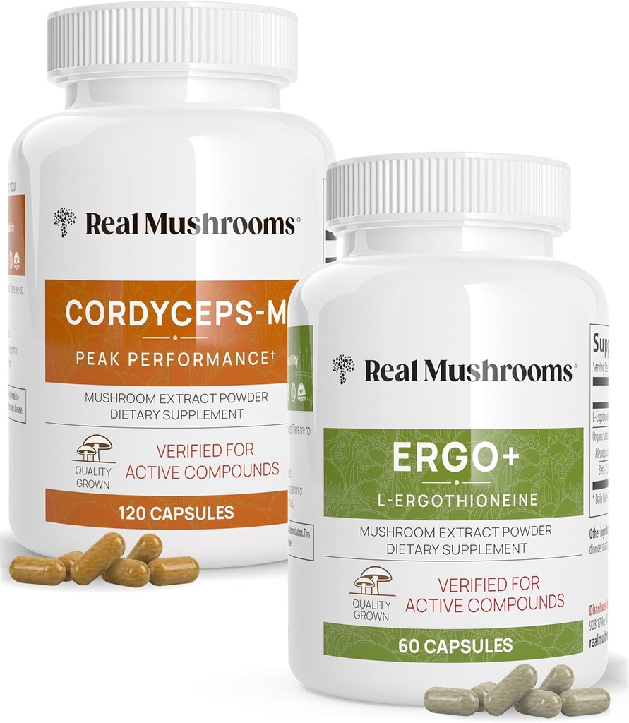 Real Mushrooms Ergothioneine (60ct) and Cordyceps-M (120ct) Bundle with Shiitake and Oyster Mushroom Extracts - Longevity and Energy - Vegan, Gluten Free, Non-GMO - Natural Support for Healthy Aging