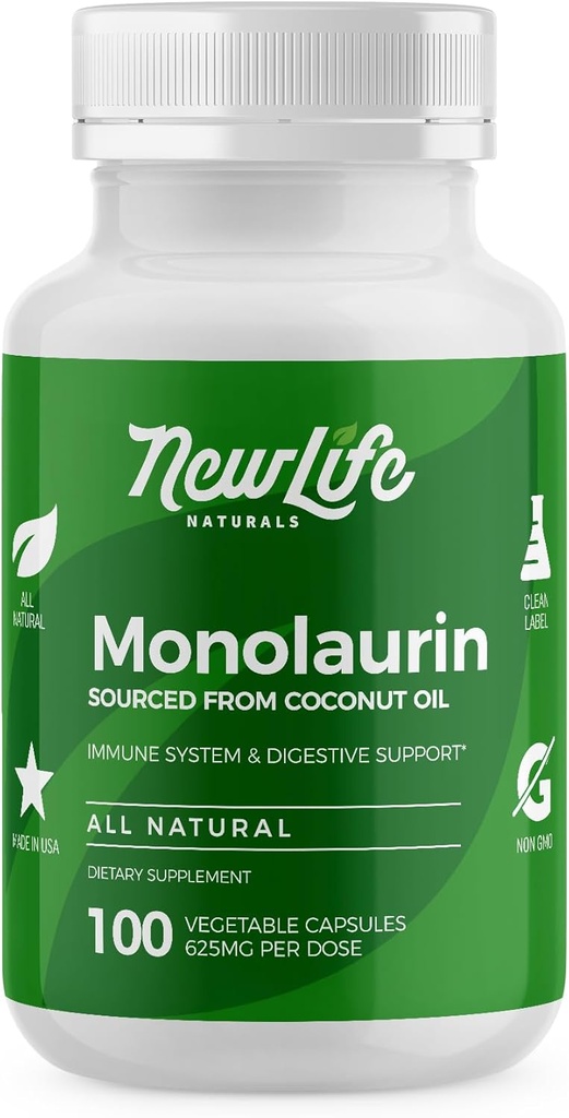 NewLife Naturals Monolaraurin Dietary Supplement - 625mg Monolaurin Lauric Acid for Immune System and Digestive Health - 100 Vegetable Capsules