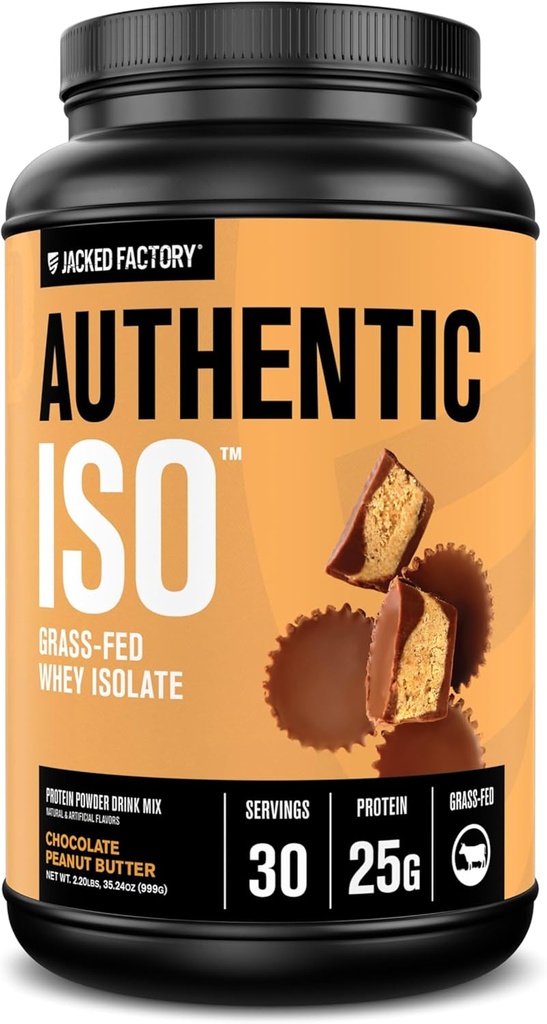 Jacked Factory Authentic ISO Whey Protein Isolate Powder - Low Carb, Non-GMO Muscle Building Protein w/No Fillers, Post Workout Recovery - 30 Servings, Chocolate Peanut Butter