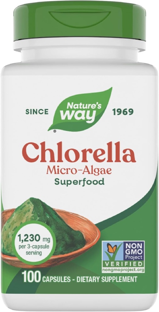 Nature's Way Chlorella Micro-Algae, Superfood, Supports Antioxidant Pathways*, 1,230 mg per 3-Capsule Serving, Vegetarian, Non-GMO Project Verified, 100 Capsules (Packaging May Vary)