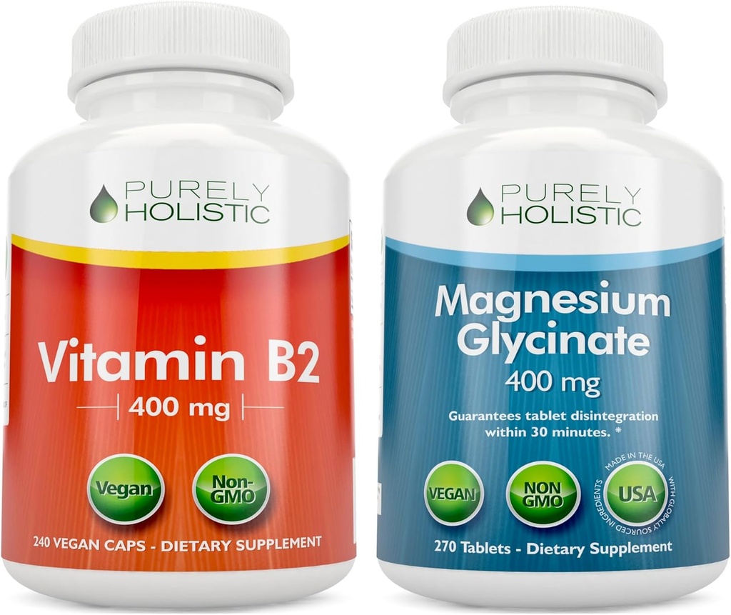 Purely Holistic Vitamin B2 Riboflavin 400mg + Magnesium Glycinate 400mg Bundle - 510 Vegan Capsules - Made in The USA