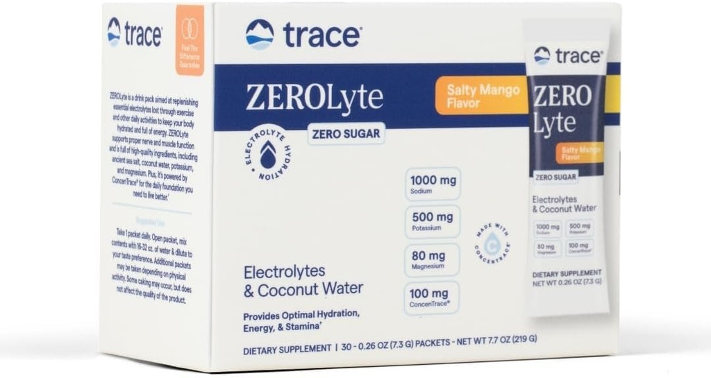 Trace Minerals ZeroLyte Salty Mango Flavor - Sugar Free Electrolyte Drink Mix - Supports Hydration, Energy, Stamina - Ancient Sea Salt, Full Spectrum Minerals, Coconut Water - 30 Packets