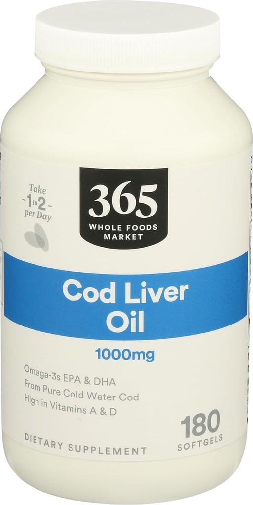 365 by Whole Foods Market, Cod Liver Oil Norwegian 1000Mg, 180 Softgels