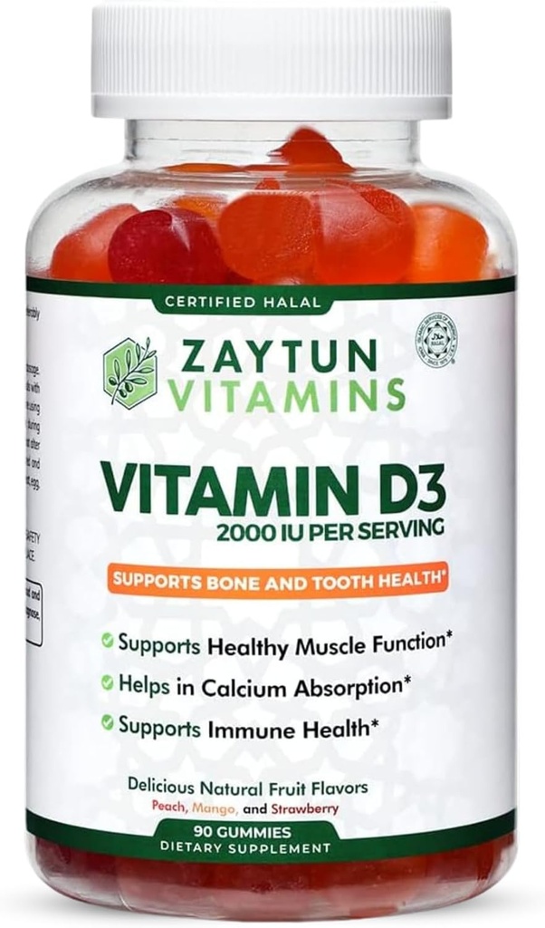 Zaytun Halal Vitamin D3 2000 IU Gummies, Supports Bone & Immune Health, Promotes Muscle Function, Gluten & Gelatin Free, 90 Natural Fruit Flavor Gummies, Made in USA - Halal Vitamins