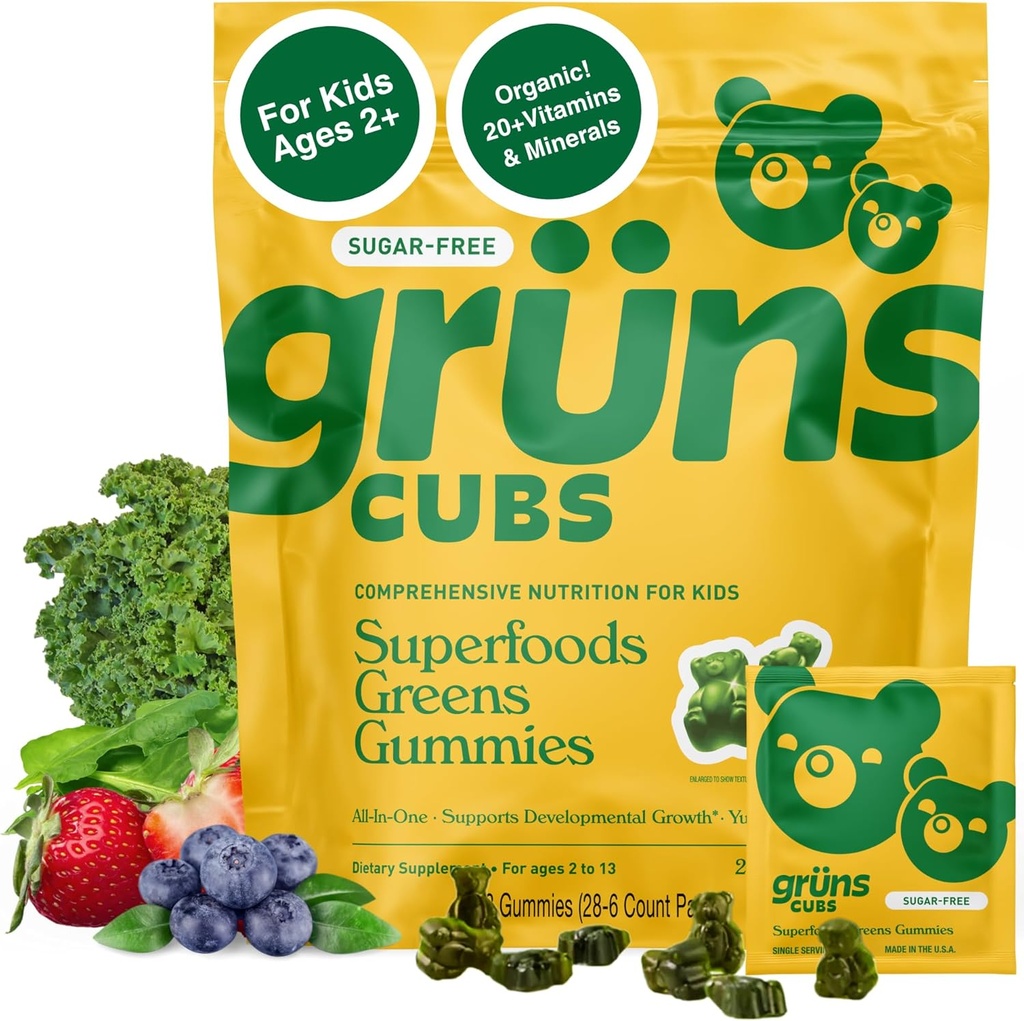 Gruns Multivitamin for Kids, Sugar-Free, Super Greens Superfood Gummy Bears With 20 Vitamins & Minerals, Spirulina, Chlorella, Prebiotics Fiber for Digestive Health, Adaptogens Supplement, 28 day Pack