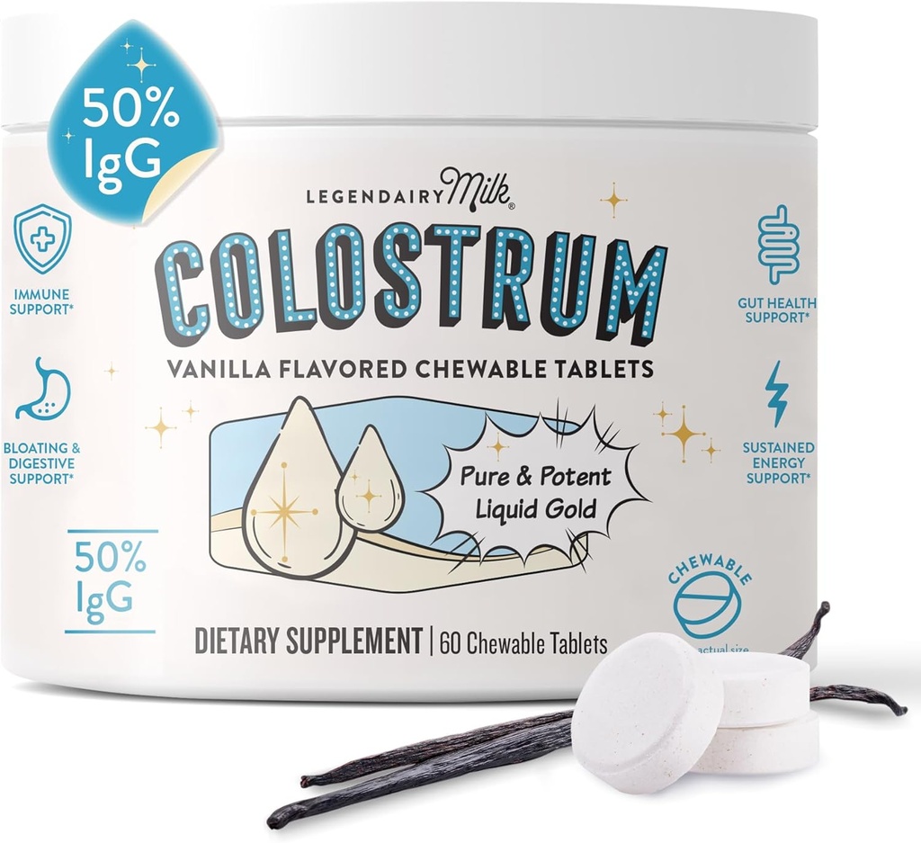 Legendairy Milk Colostrum Supplement - Premium Bovine Colostrum for Humans - 50% IgG Immunoglobulin for Immune Support & Gut Health - Energy & Muscle Recovery - Vanilla Chewable Tablets, 30 Servings