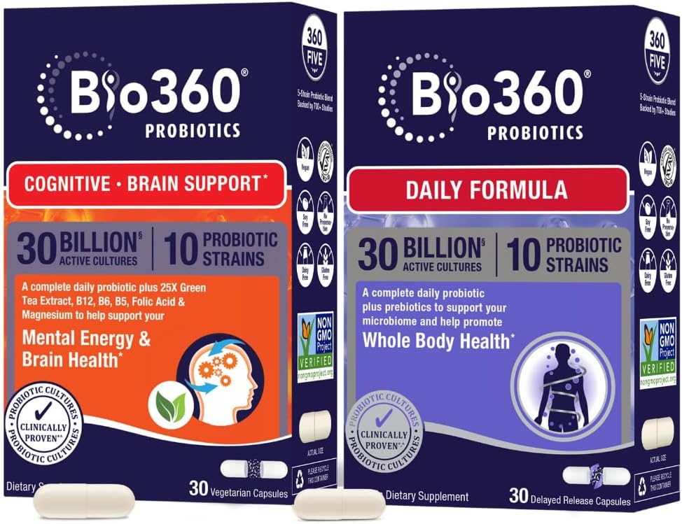 Bio360 Probiotics Bundle, Cognitive Support Formula & Daily Formula, Brain Support & Gut Health Supplements, Helps Support Memory, Focus & Digestion, 2 x 30 Vegan Supplements