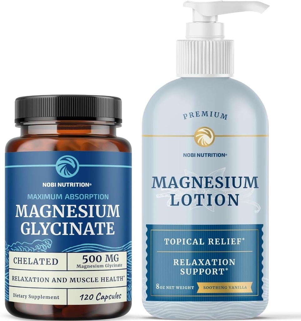 Magnesium Lotion and Magnesium Glycinate Supplement | Full Body Magnesium Support for Body and Mind with 8 Fl Oz Topical Magnesium Plus 500mg Magnesium Glycinate Pills