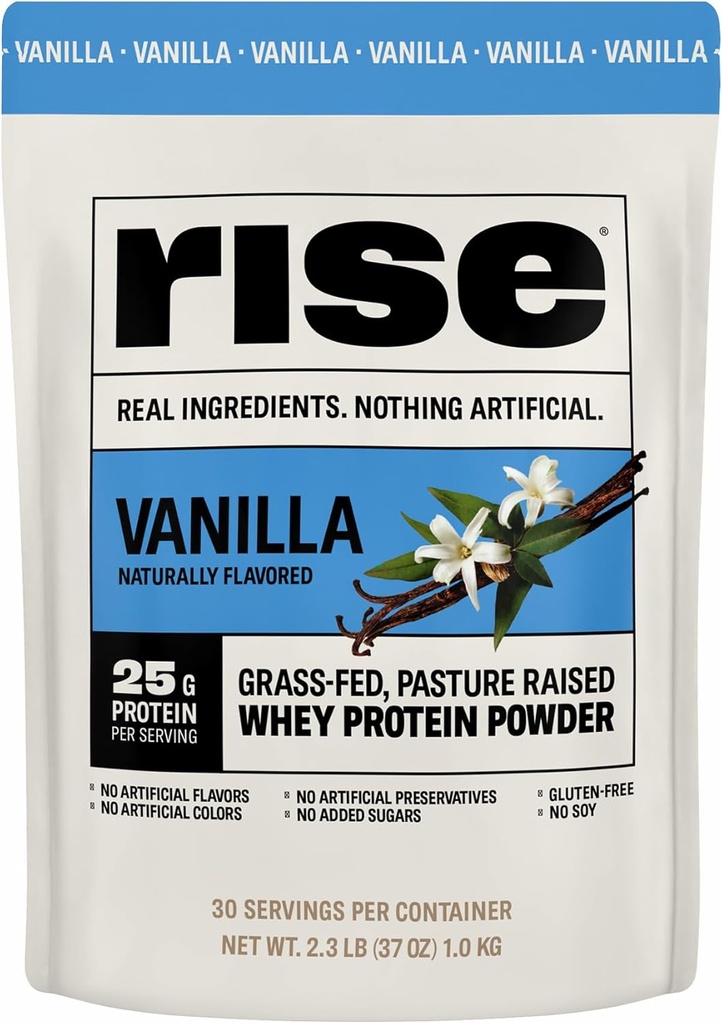 Rise Grass-Fed Whey Protein Powder - Vanilla | 25g Protein No Artificial Flavors, Colors, or Preservatives - Sugar Free, Gluten-Free, Soy Free (2.3 lbs)