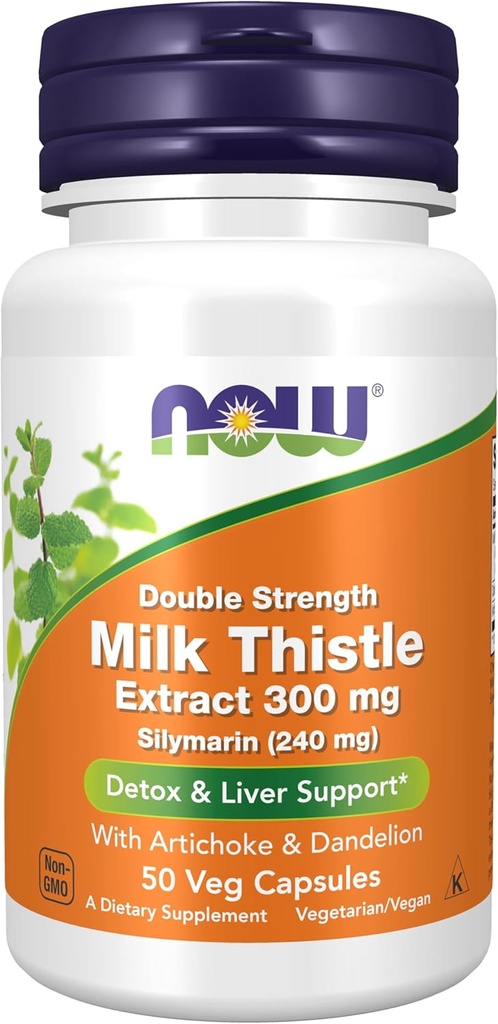NOW Foods Supplements, Silymarin Milk Thistle Extract 300 mg with Artichoke and Dandelion, Double Strength, Supports Liver Function*, 50 Veg Capsules