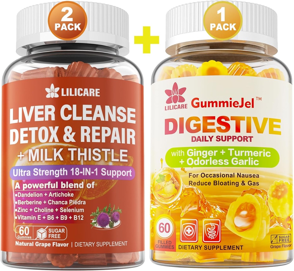 Bundle Ginger Chews Supplement Gummies for Nausea, Stomach Relief & Liver Cleanse Detox & Repair Gummies with Milk Thistle