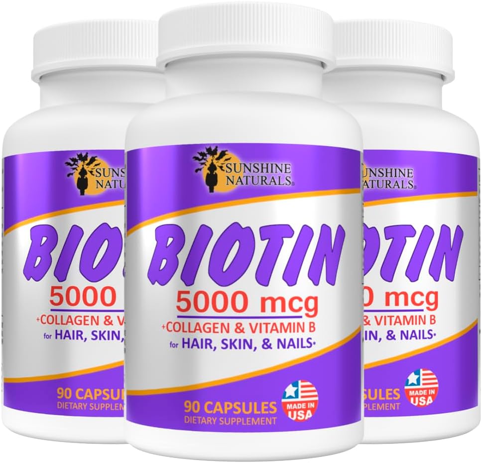 Sunshine Naturals Biotin Dietary Supplement. for Healthier Skin, Thicker Hair, Nail Growth. Collagen, Vitamin A, B for Hair Loss, Beauty, Cell Renewal, Scalp Health. 5000 mcg. 90 Capsules. Pack of 3
