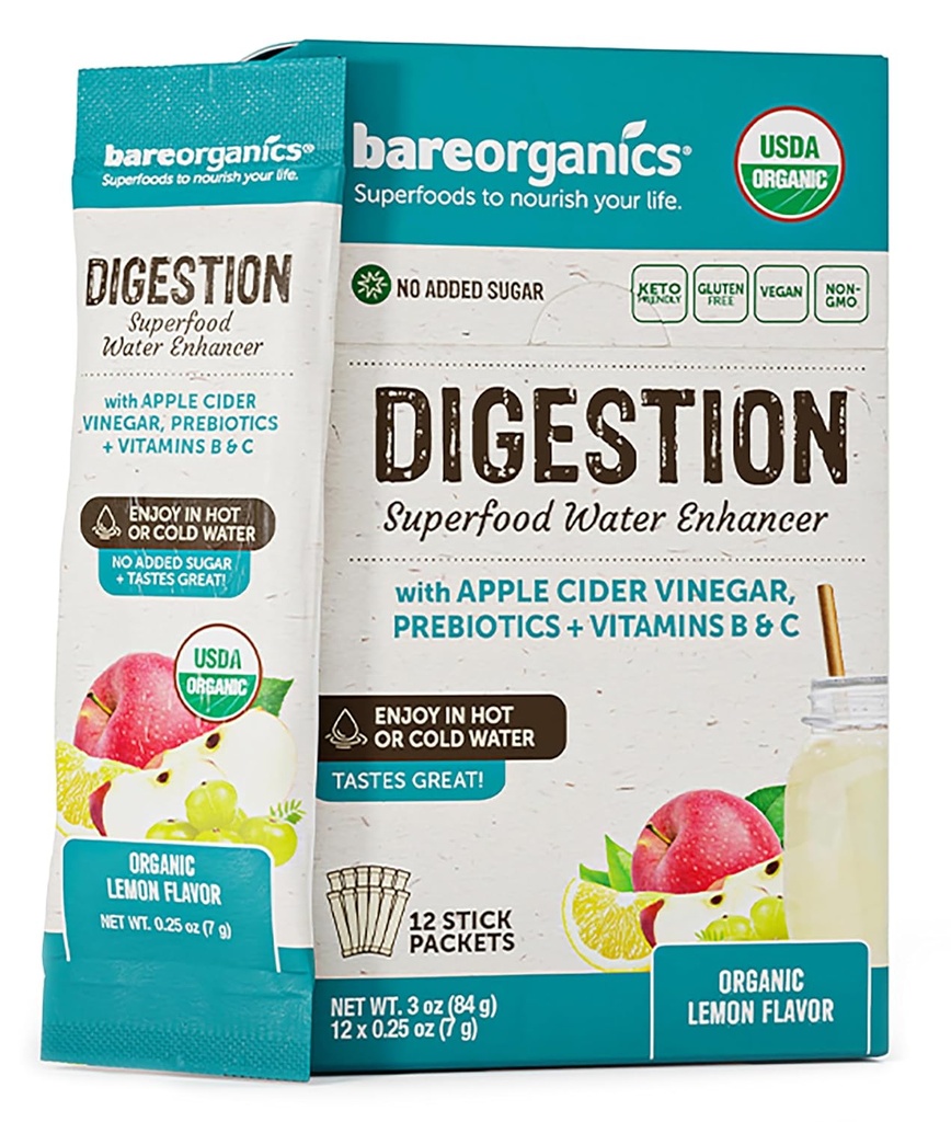 BareOrganics Bareorganics On-The-go Digestion Superfood Water Enhancer (Organic) (12 Stick Packs), 12 Count