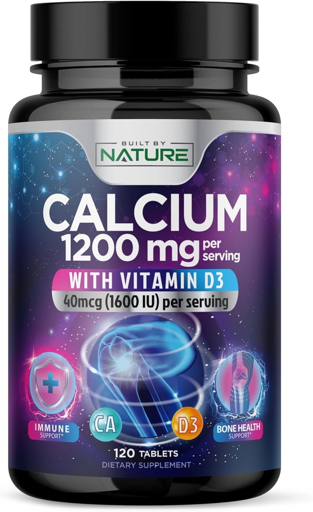 Calcium 1200mg with Vitamin D3 for Best Absorption - Advanced Bone Support Supplement, 1200 mg Calcium Carbonate & 1600 IU Vitamin D3, Slow Release for Immune Support, Easy to Swallow, 120 Tablets