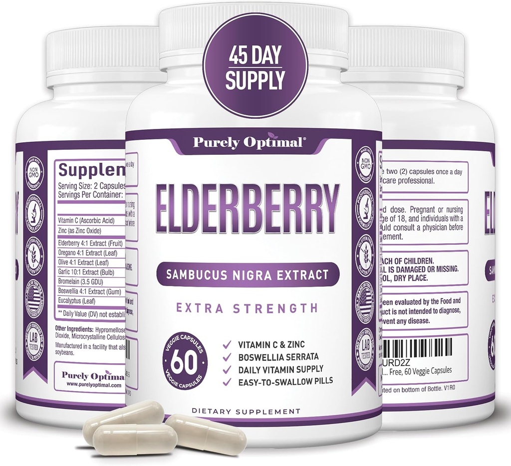 Purely Optimal Elderberry Capsules - Premium Quality Sambucus Nigra Extract Supplement - Naturally Sourced, Immune Function Support - Non-GMO, Gluten Free, Vegan Friendly - 60 Capsules