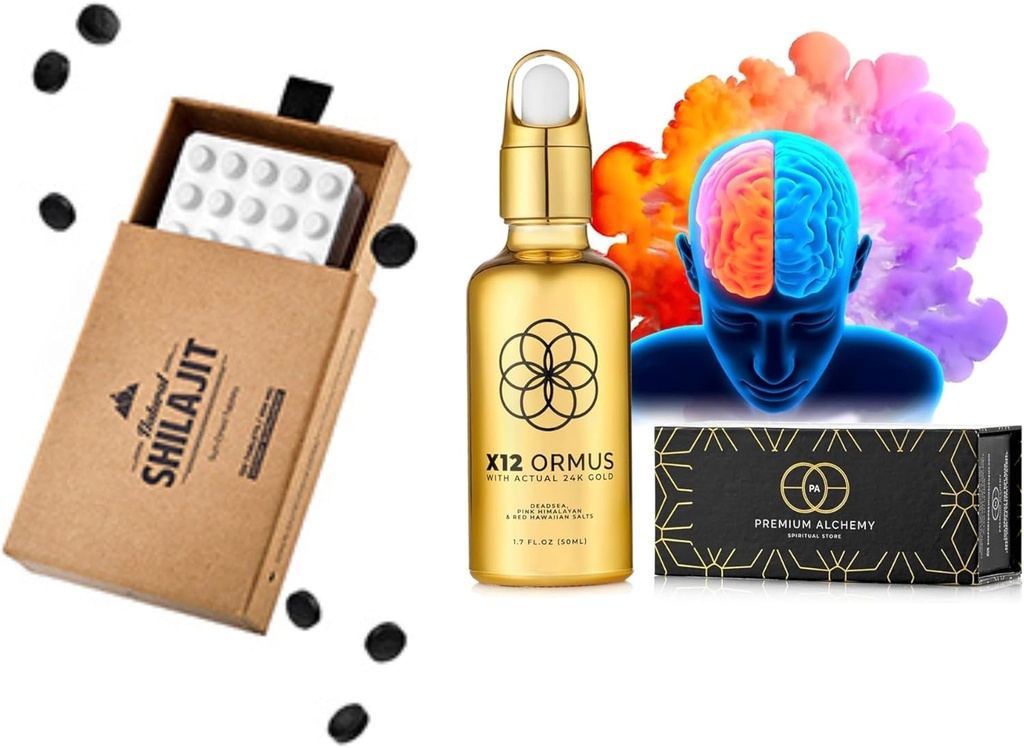 Ormus Monoatomic Gold Concentrate (HIGH Potency x12) - 1.7 fl. oz (50 ml) & Natural SHILAJIT Tablets - 120 Count, Sun Dried 100% Pure Shilajit for Men & Women