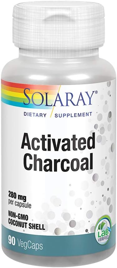 SOLARAY Activated Charcoal 280mg | Coconut Source | Healthy Inner Cleansing & Digestive Tract Support | Non-GMO, Vegan & Lab Verified | 90 Capsules