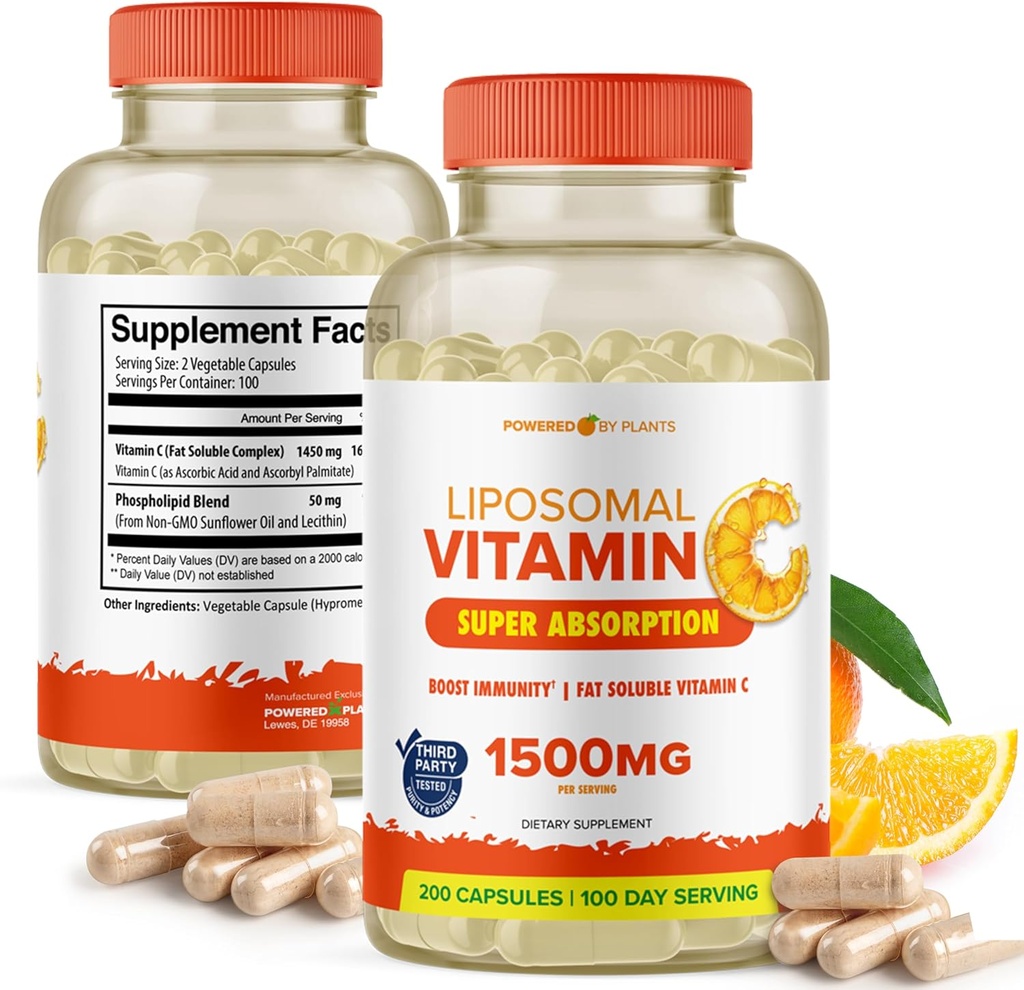 Liposomal Vitamin C Capsules - 1500mg Buffered High Absorption Vitamin C Supplement & Collagen Booster - Fat Soluble Immunity Support Ascorbic Acid Supplement 200 Vegan Capsules