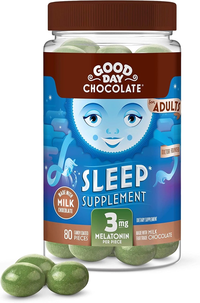 Good Day Chocolate Melatonin for Adults [ 80 Count ] - Fair Trade Non-GMO Chocolate with Chamomile and Melatonin 3 mg - Adult Melatonin, Adult Natural Sleep Aid Supplement
