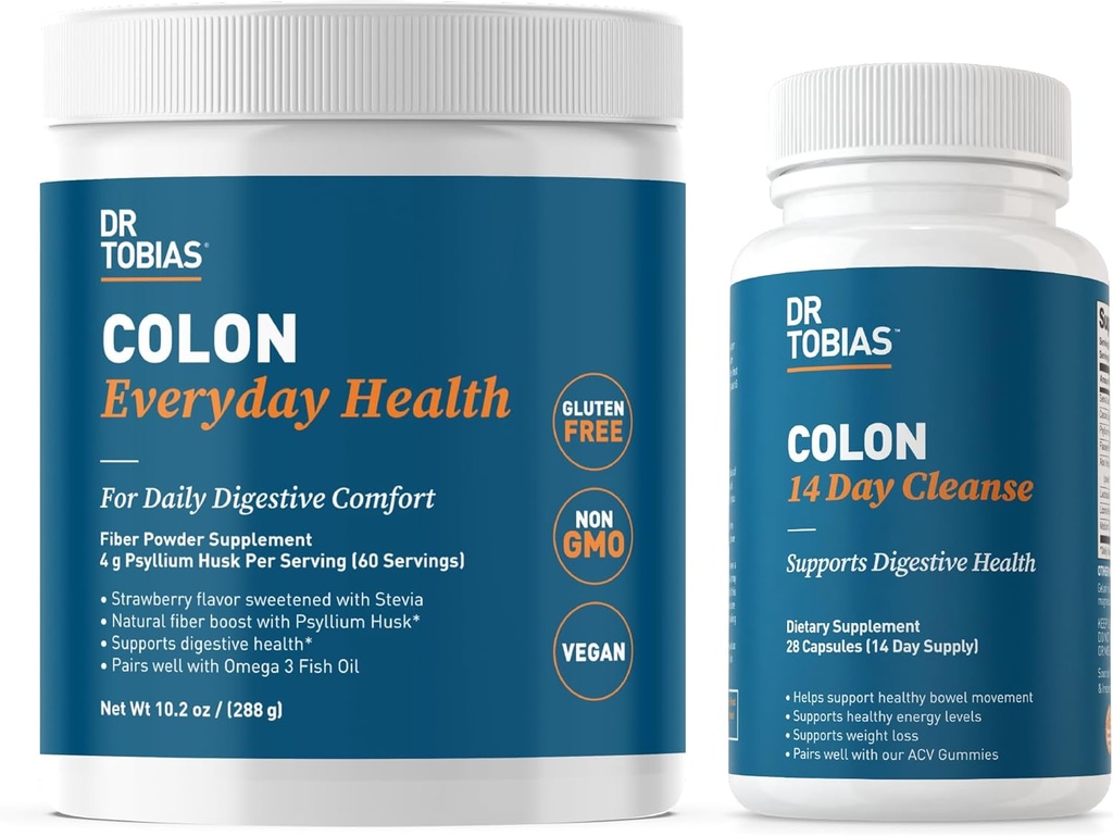 Dr. Tobias Colon 14 Day Cleanse and Colon Everyday Health, Advanced Gut Cleanse Detox & Daily Digestive Support with Psyllium Husk Fiber Powder, Digestive Wellness Bundle, Non-GMO