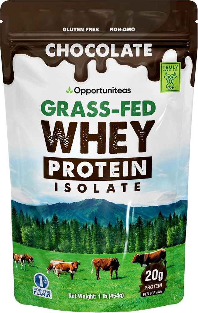 Opportuniteas Grass Fed Chocolate Whey Isolate Protein Powder – 20 g Protein, Heavy-Metal Tested, Made with Organic Cacao & Organic Cane Sugar, Non-GMO, Hormone-Free, Sourced from Ireland, 1 lb