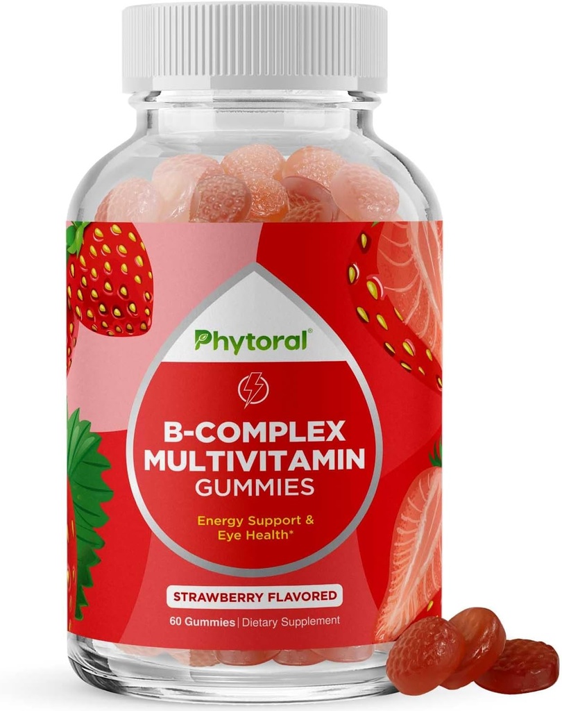 Vitamin B Complex Gummies for Adults & Kids - B Vitamins Complex with Thiamin, Riboflavin, Niacin, 6, 12 and Folate - Blend Supplement for Nervous System Support Energy & High Strength - 60 Gummies