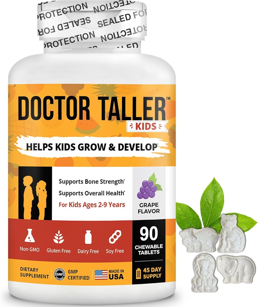 Doctor Taller Kids - Kids Multivitamins, Toddler Vitamins - Support Bone Strength, Enhanced Immunity with Calcium, Multivitamins for Ages 2 to 9 - Grape Flavor - 90 Chewable Tablets | 6 Weeks Supply