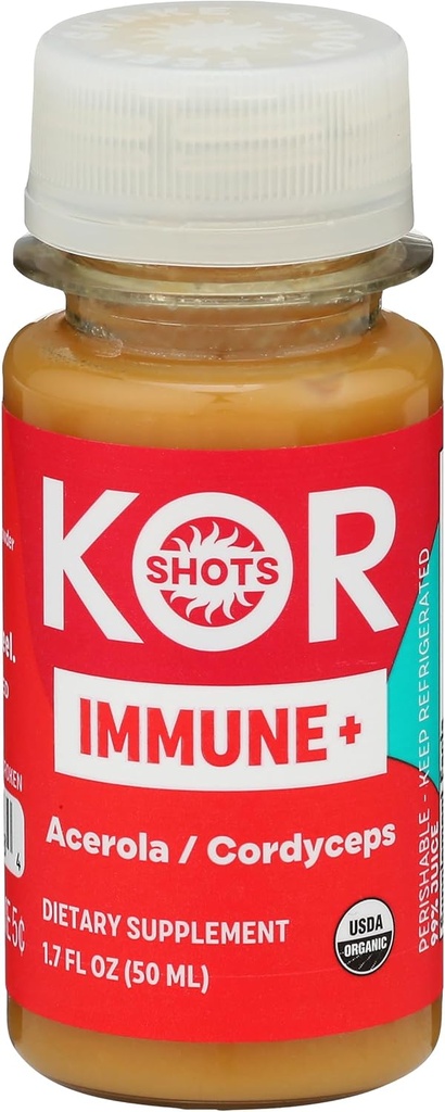 Kor Shot Acerola Ginger and Cordyceps Shot - 1.7 Fl Oz - Immune Plus - Immune System Booster - 533% DV Vitamin C - USDA Certified Organic - Dietary Supplement