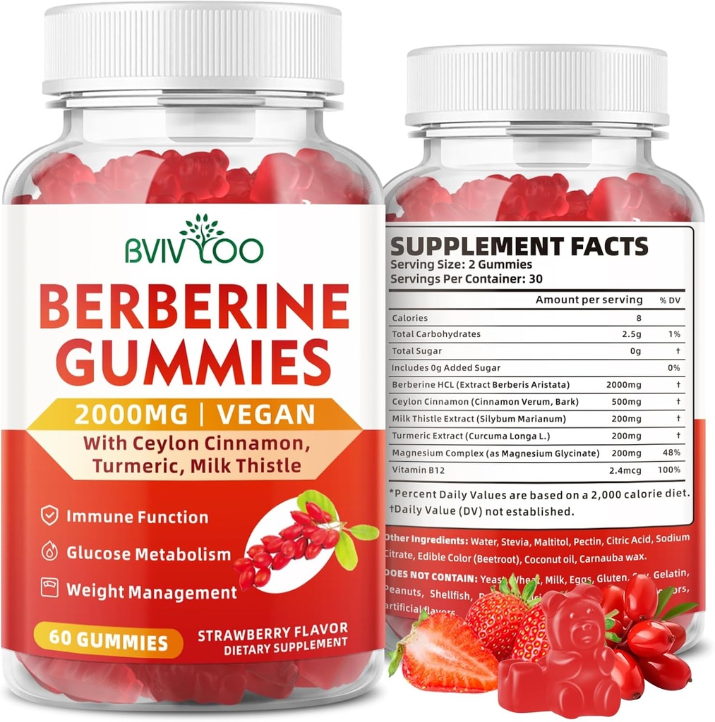 Berberine Gummies,Sugar Free 2000mg High Potency Berberine HCI Supplement, Plus Ceylon Cinnamon, Milk Thistle for Women & Men, Immune System & Metabolism Support - 60 Gummies