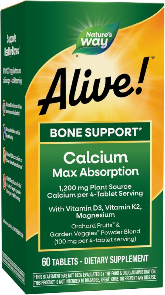 Nature's Way Alive! Calcium Max Absorption, Plant Source Calcium, Vitamin D3 & K2, Magnesium, Bone Support*, 60 Tablets (Packaging May Vary)
