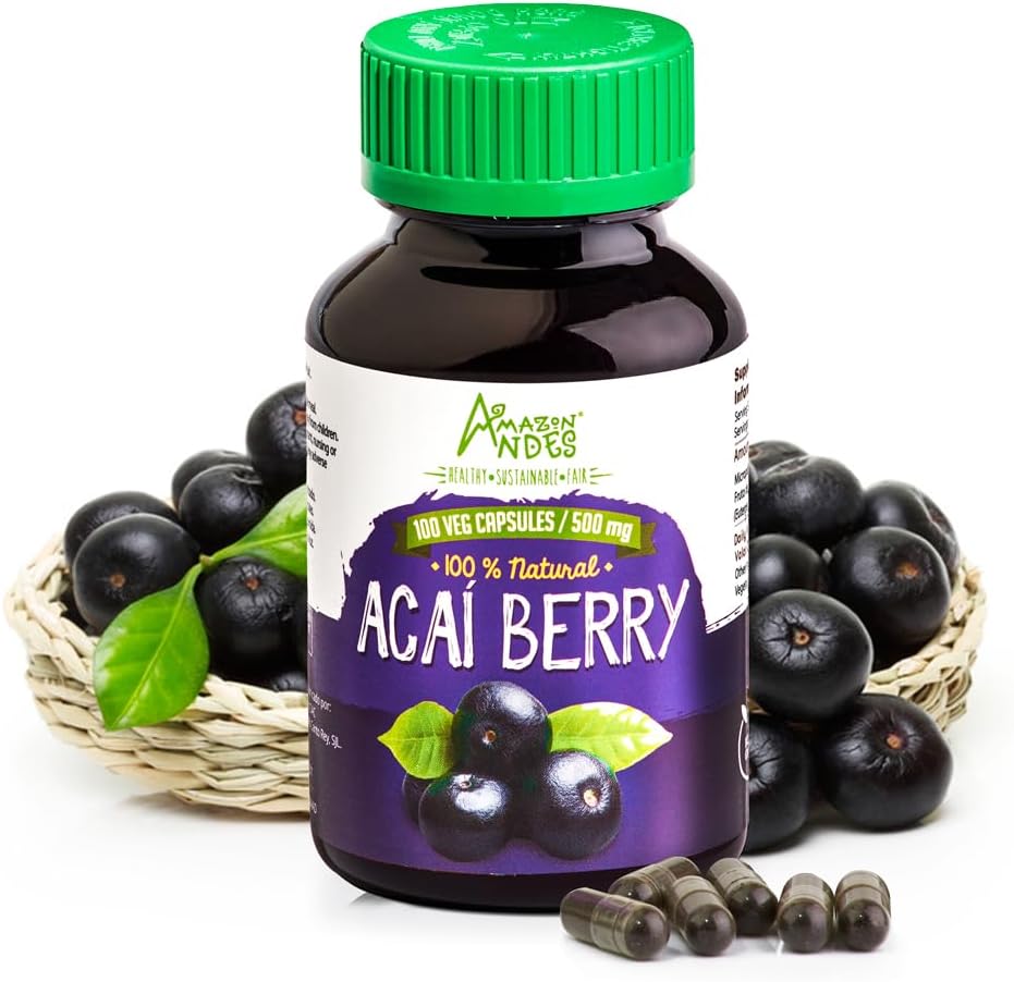 Amazon Andes Acai/Açai Berry Capsules (Euterpe oleracea) – Rich Source of antioxidant, Vitamin C & Fibers - Support Immune System - Gluten Free, Non GMO, Vegan & Non-irridated - 100 Veg Pills (500mg)