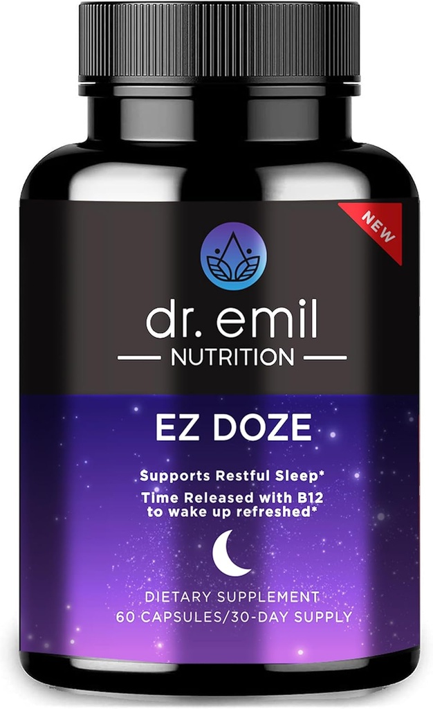DR. EMIL NUTRITION EZ Doze Melatonin-Free Natural Sleep Aid with L-Theanine, GABA & 5HTP - Extra Strength Sleeping Pills for Adults - Safe and Non-Habit Forming (60 Veggie Capsules)