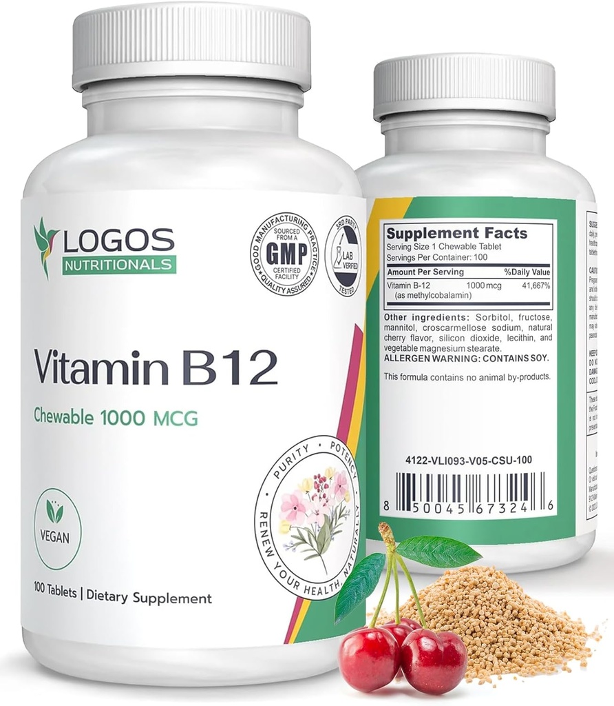 Chewable Vitamin B-12 1000 Mcg | Supports Healthy Brain Function & Memory | Cherry-Flavored B12 Methylcobalamin Supplement for Hair, Skin & Nails - 100 Tablets