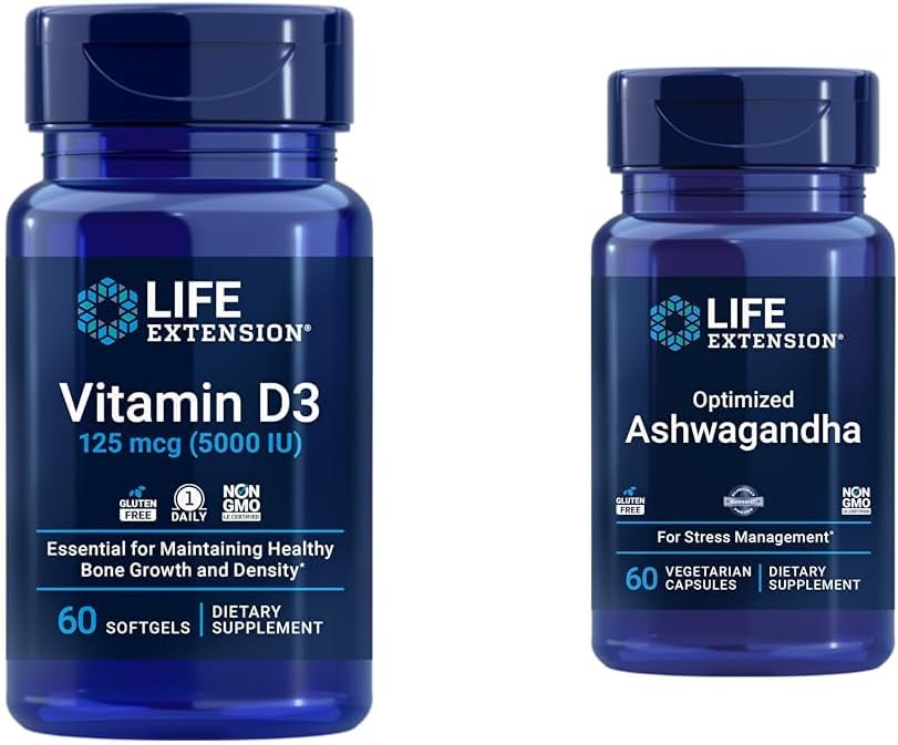 Life Extension Vitamin D3 5000 IU, Ashwagandha - Stress Relief, Focus, Memory, Mood Support - Non-GMO Supplement Bundle