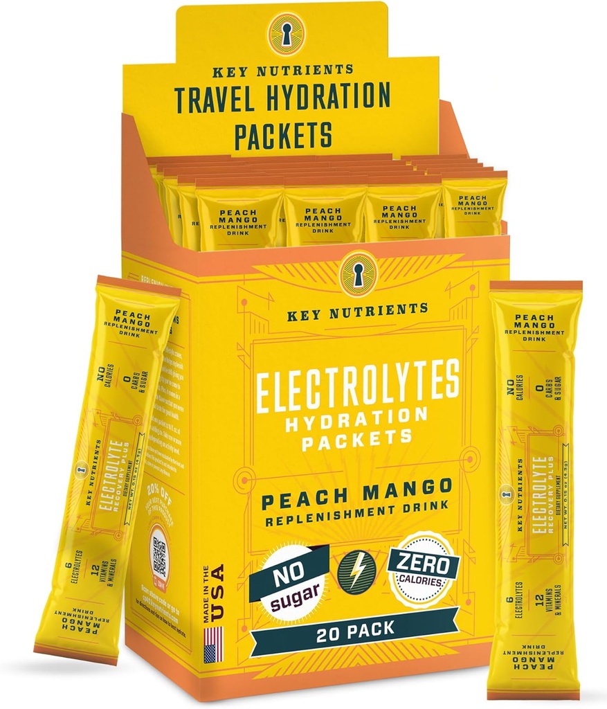 KEY NUTRIENTS Electrolytes Powder Packets - Tropical Peach Mango 20 Pack Hydration Packets - Travel Hydration Powder - No Sugar, No Calories, Gluten Free - Made in USA - Peach Mango