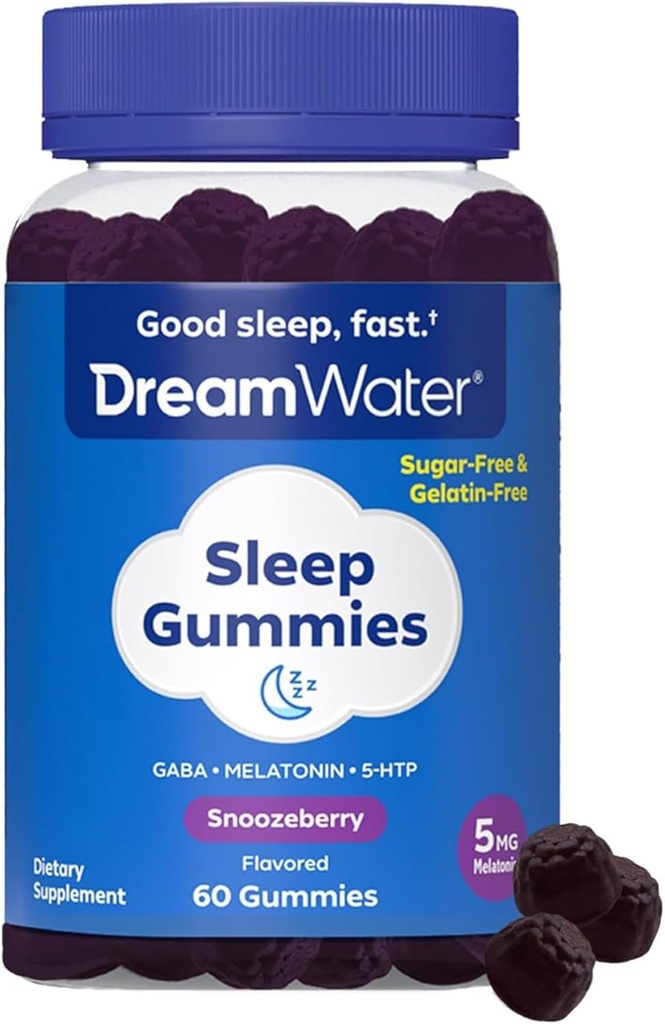 Dream Water Sleep Gummies; Melatonin Gummies with GABA & 5-HTP; Sleep Aids for Adults; Natural Flavors and Colors; Snoozeberry Flavor, 60 Count