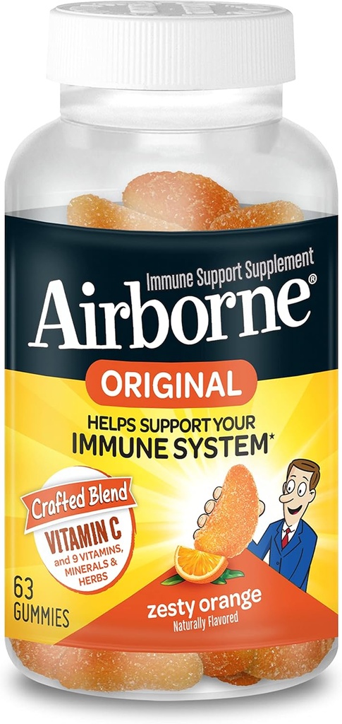 Airborne Vitamin C 750mg (per Serving) Zesty Orange Flavored Gummies (63 Count in a Bottle), Gluten-Free Immune Support Supplement with Vitamins A C E, Selenium, Echinacea & Ginger
