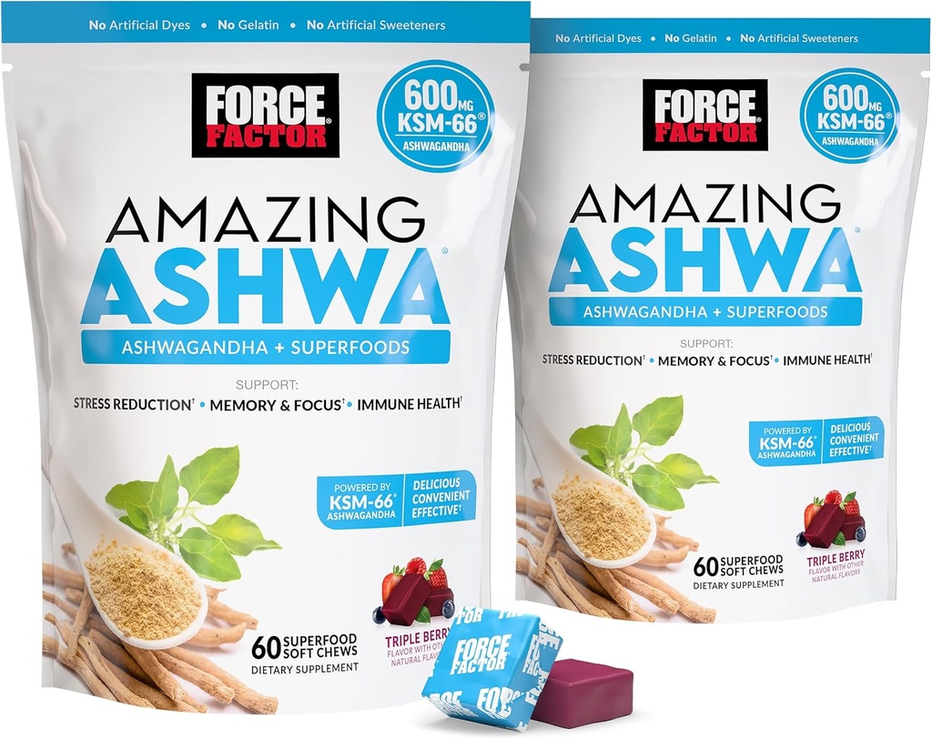 FORCE FACTOR Amazing Ashwa for Stress Relief, Memory, Focus, and Immune Support Health, Ashwaganda Supplement with KSM-66 Ashwagandha for Stress, 120 Soft Chews