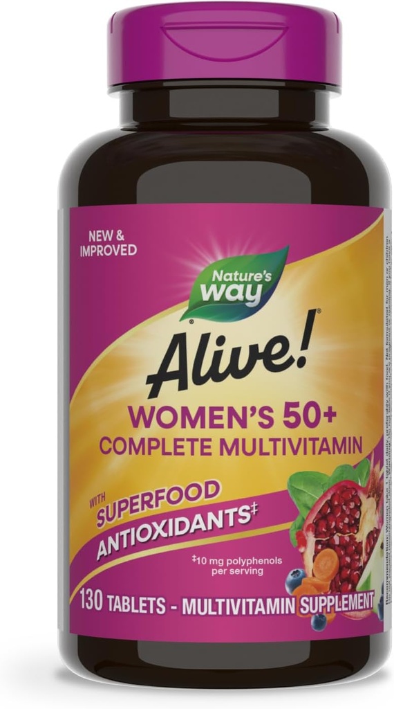 Nature's Way Alive! Women's 50+ Complete Multivitamins, Supports Healthy Heart, Brain, Bones*, Superfood Antioxidants(1), B-Vitamins, Gluten Free, 130 Tablets (Packaging May Vary)