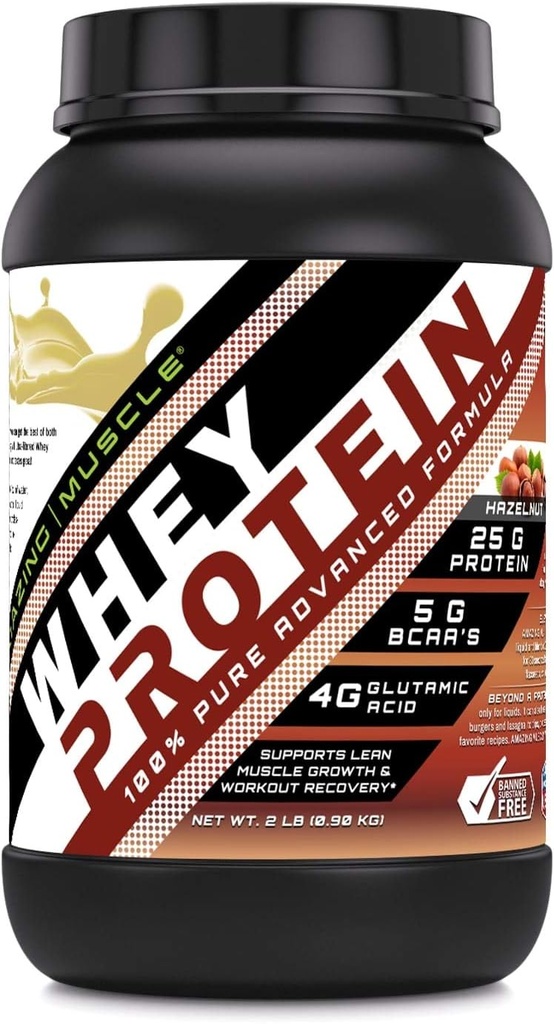 Amazing Muscle Whey Protein Isolate & Concentrate Powder | 25 G Protein per Serving | Non-GMO | Gluten-Free | Made in USA (2 LB, Hazelnut)