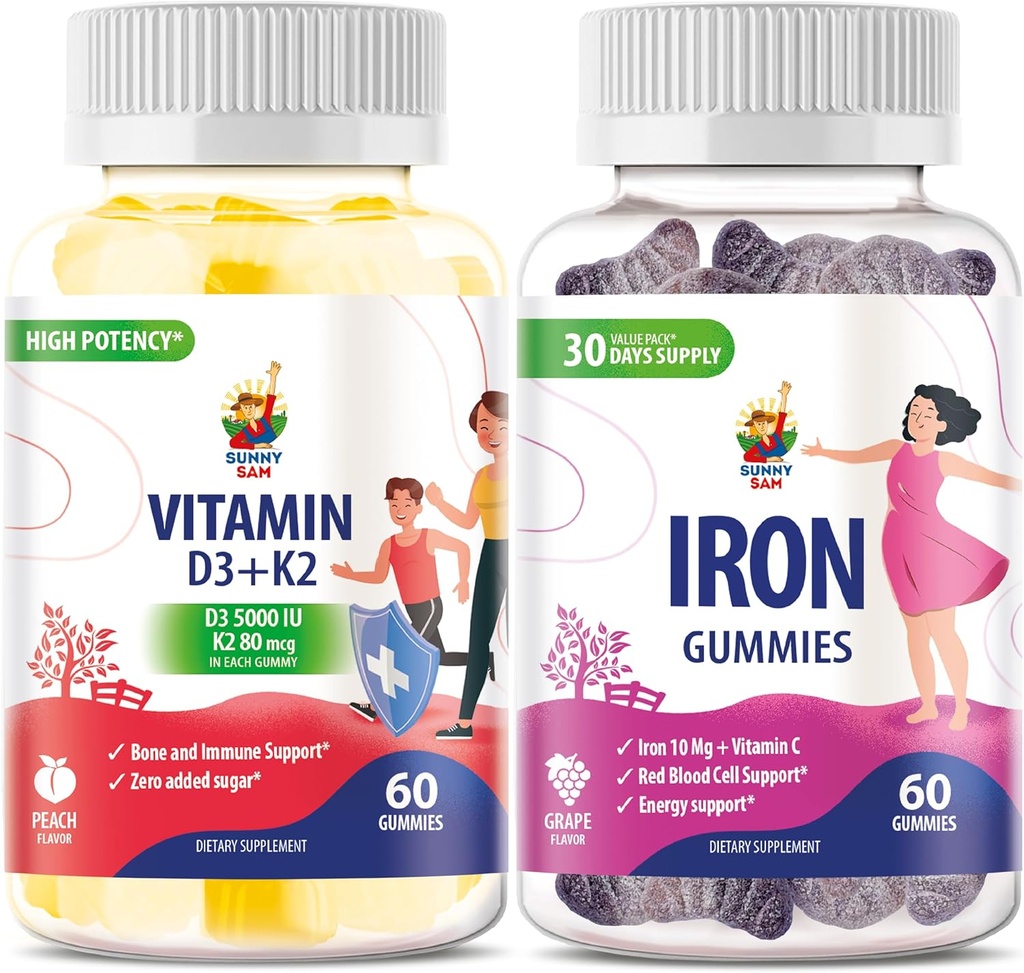 SUNNY SAM Vitamin D3 K2 Gummies 5000 IU & Iron Vitamins with Vitamin C